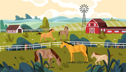 Obraz premium Horses grazing inside fenced paddock surrounded by vegetation. Countryside landscape with shrubs and farm structures, barns and windmill. Vector rural equestrian life and traditional surroundings