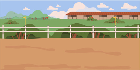 Obraz premium Scenic equestrian racecourse with empty track in rural environment. Fenced areas and greenery, trees and shrubs, grassy terrain and horse facilities. Vector sporting landscape prepared for riding