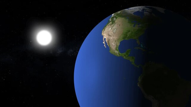Planet Earth animation floats beside the radiant Sun in deep space. Solar system astronomy orbits guide the Earth animation. Distant cosmic nebulae surround Earth.
