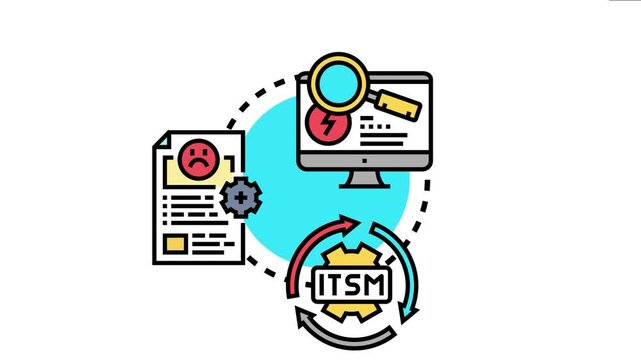 Icon an it service management - itsm - cyclical process involving problem identification on a computer. Documentation of issues with a sad face