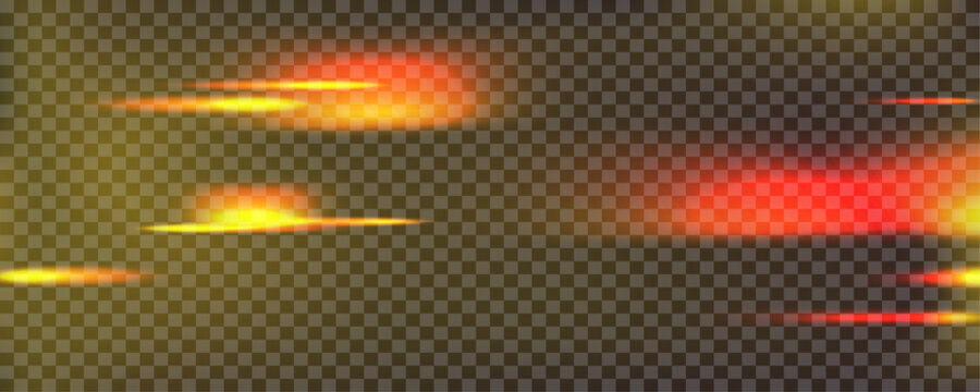 Warm red and orange film light leak overlay effect with lens flare glare on transparent background. Fire flame speed streak trail effect glowing light motion blur. Vector illustration