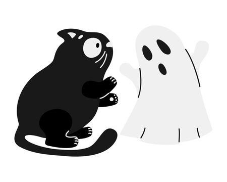 Cute black cat and friendly ghost Halloween characters cartoon. For spooky greeting card and party design. Vector illustration