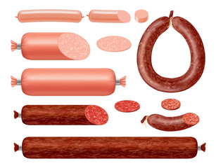 Premium meat delicacy assortment. Realistic sausages with sliced portions and classic preparation methods. Culinary presentation with traditional recipes. Vector food craftsmanship and gastronomy © Sensvector