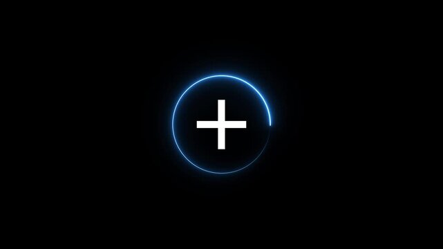 Plus symbol animation glows inside a circular interface ring on dark. Mathematical addition telemetry links the plus symbol animation. Calculation graphics use the symbol.