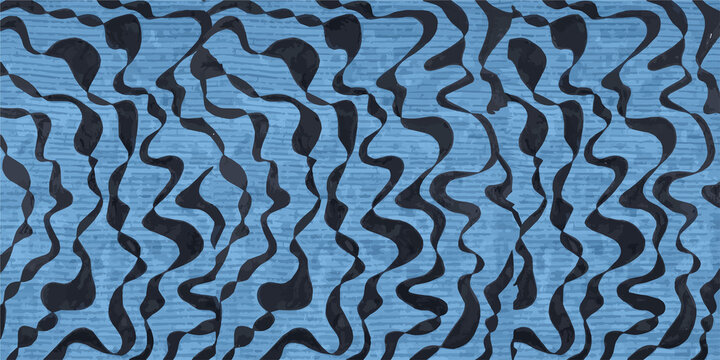 Seamless abstract pattern with organic wavy black shapes on a textured blue surface, textile print and surface design