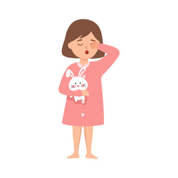 Cute sleepy girl wearing pajamas standing with rabbit toy vector flat illustration. Little kid awakening in morning or going to the bed.