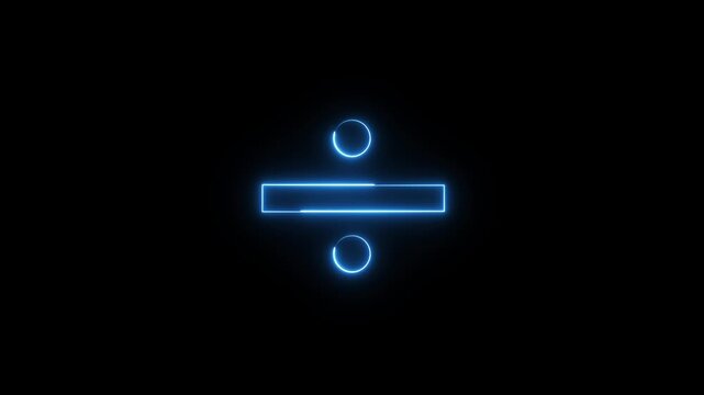 Division symbol animation glows with digital mathematical vectors. Arithmetic calculation graphics feature this division symbol animation. Math equation telemetry guides it.