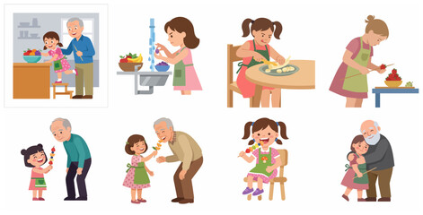 Fototapeta premium Grandfather and granddaughter preparing healthy fruit snacks together, a set of cartoon illustrations showing family bonding and cooking education.