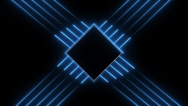 Diamond center animation displays intersecting vector lines on black. Symmetrical graphic design motion guides diamond center animation. Minimalist tech borders shape diamond.