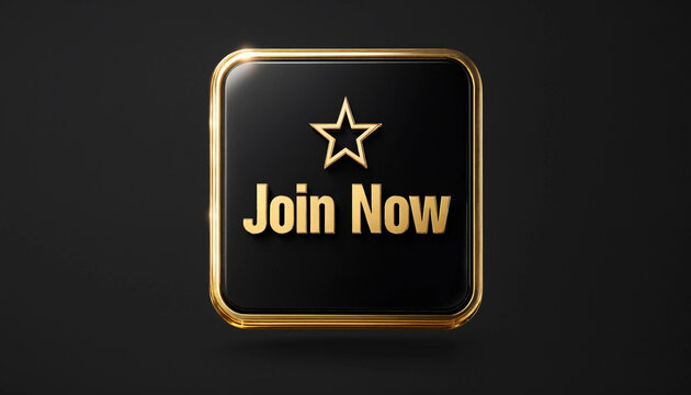 Join now button with gold star on black background for membership or subscription concept