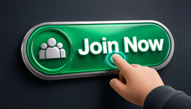Hand pressing green join now button with group icon representing membership signup concept