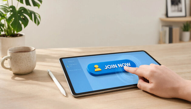 Hand tapping join now button on tablet screen in modern home office setting with coffee mug and plant nearby