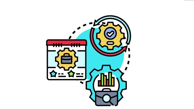 Operational workflow process concept showing gears, calendar, and briefcase icons, planning, execution, and analysis of business tasks in a circular flow
