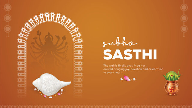 Subho Sasthi greeting featuring sacred conch shell, Kalash, Maa Durga silhouette, and traditional festive arch.