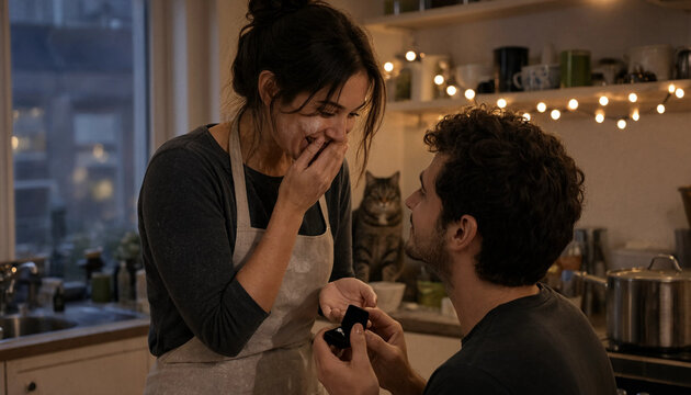 Man proposing to woman in kitchen with cat watching romantic moment during evening