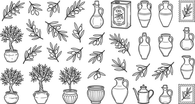 Olive oil and branch vector outline sketch set featuring potted olive trees, glass bottles, amphora jugs, metal cans, and botanical leaves for product packaging.
