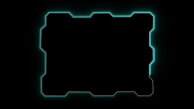 Geometric frame animation displays jagged vector edges on dark. Sci-fi screen display overlays shape the geometric frame animation. Modern telemetry borders outline the frame.
