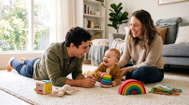 Young parents lying on a living room rug and playing with their baby, who is stacking colorful wooden rings, with toys scattered around them on the floor