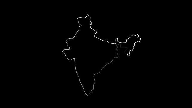 Map of India animation outlines geographic continental borders. Cartography navigation waypoint telemetry routes on map of India animation. National boundary surveys guide map.
