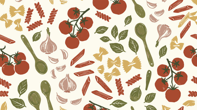 Seamless Italian food pattern with hand-painted pasta varieties tomatoes garlic and basil leaves