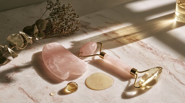 Rose quartz gua sha stone and a double-ended facial roller resting on a smooth surface in soft light, in warm natural light