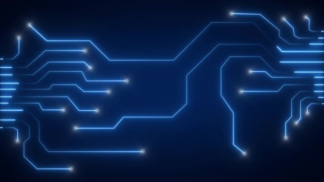 Circuit board animation pulses with data nodes on dark space. High speed computing processor hardware powers circuit board animation. Electronic motherboard telemetry routes on board.