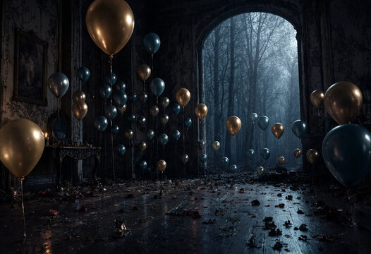 Dark abandoned room filled with floating balloons and scattered leaves