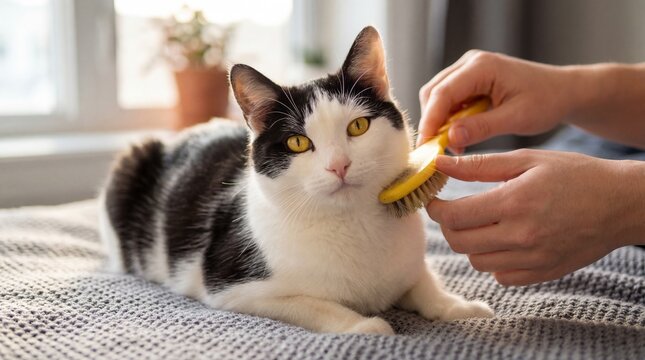 Owner Gently Grooming a Black and White Domestic Cat with a Soft Bristle Brush at Home