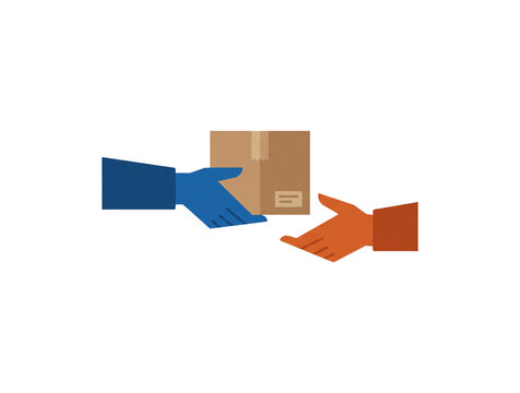 Isolated flat vector illustration of hands giving and receiving a cardboard parcel box on white background