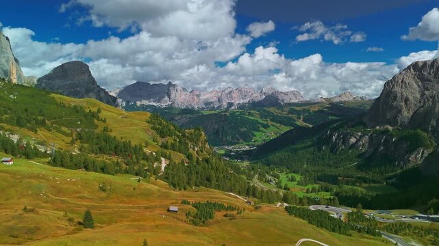 Aerial view of winding road at Passo Gardena in Italian Dolomites