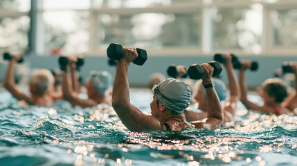 Obraz premium Seniors joining an aqua aerobics class with foam dumbbells in a bright indoor pool, with generous copy space