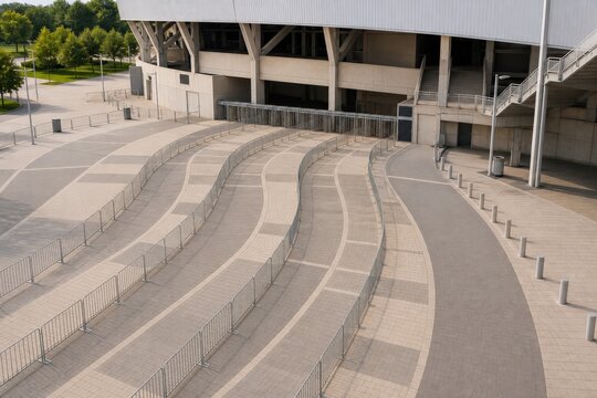 Sports venue crowd safety plaza with three broad lanes and an accessible route
