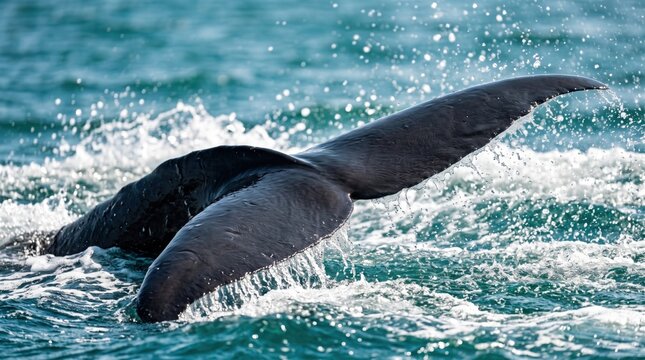 A large whale tail fluke rises from the sea, water cascading off its edges in a powerful display of ocean life.