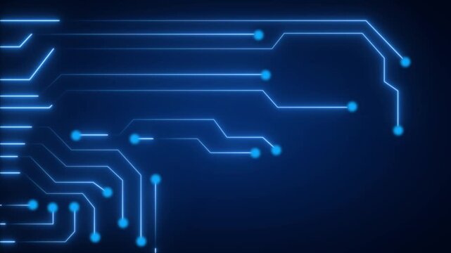 Circuit board lines animation pulses with data nodes on dark. Electronic processor computing hardware powers the circuit board lines animation. Modern motherboard telemetry drives lines.
