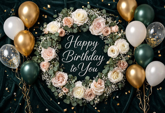Elegant birthday floral arrangement with balloons and decorative text message