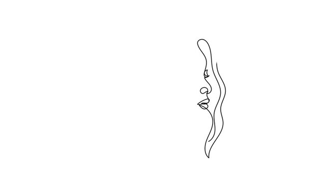 Continuous One Line Drawing Animation of Beautiful Woman Face and Hair, Minimalist Female Portrait on White Background