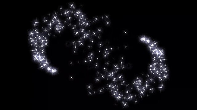 Magic glitter sparkling star line trail, white stars and bokeh lights sparkle, white shining stars and pixel dust particle stars, smooth shimmer particles effect on black screen. 4k video