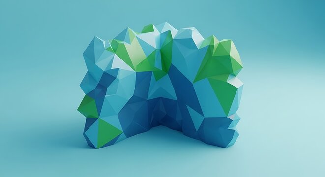 Abstract geometric shape made of blue and green triangular polygons against a light background