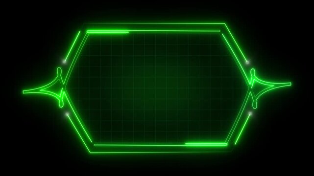 Hexagon frame animation displays digital grid borders on black. High tech telemetry screen panels outline the hexagon frame animation. Modern sci-fi overlays shape hexagon frame.