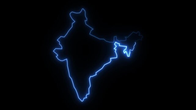 Map of India animation outlines geographic boundaries on black. Territorial cartography telemetry routes across the map of India animation. National navigation coordinates guide map.