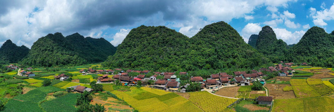 Drone shot of handmade Giay Ban paper drying in Dia Tren village, Cao Bang