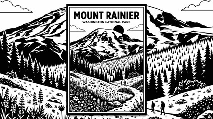 Obraz premium Black and white flat vector Mount Rainier landscape with snowy volcanic peak, evergreen forest, wildflowers and meadow, full-page composition, crisp solid tones, no gradients, travel poster style
