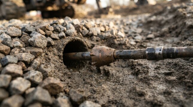 Pilot drill bit and drive rod emerging from bored earth beneath railway ballast stones during trenchless underground drilling