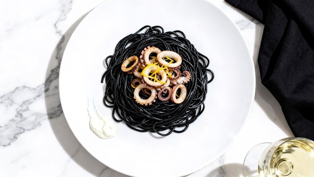 Black squid ink spaghetti with calamari on white plate, Carrara marble surface