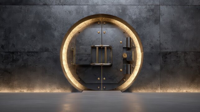 Futuristic steel bank vault door slightly open in a dark concrete wall