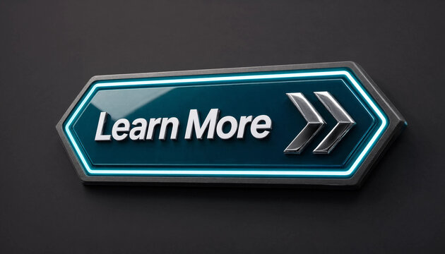 Learn more button with glowing blue neon border and double arrow symbol on dark background representing digital interface and user engagement