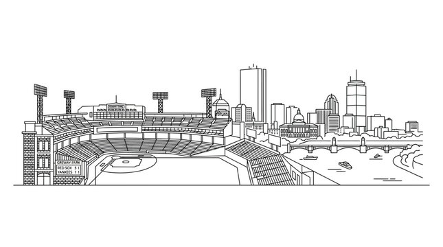 Detailed Boston city skyline and stadium line drawing.