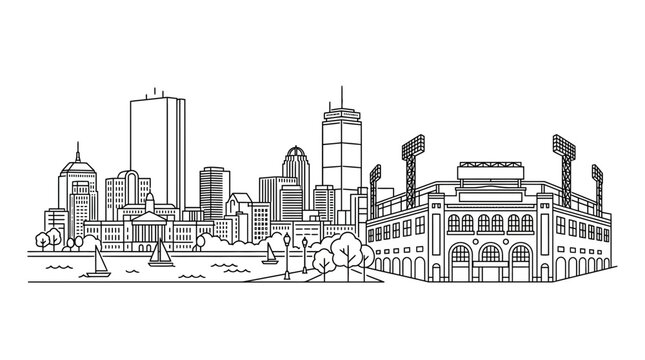 Detailed city skyline and ballpark line drawing.