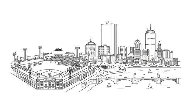 Detailed Boston skyline with Fenway Park architectural drawing.