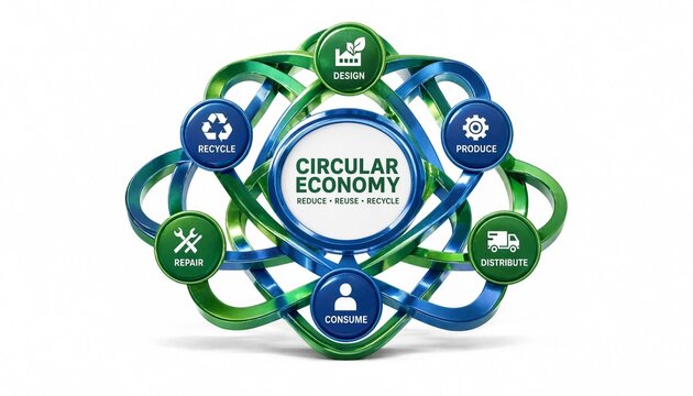 Circular Economy Diagram showing Reduce Reuse Recycle and Sustainable Cycle
